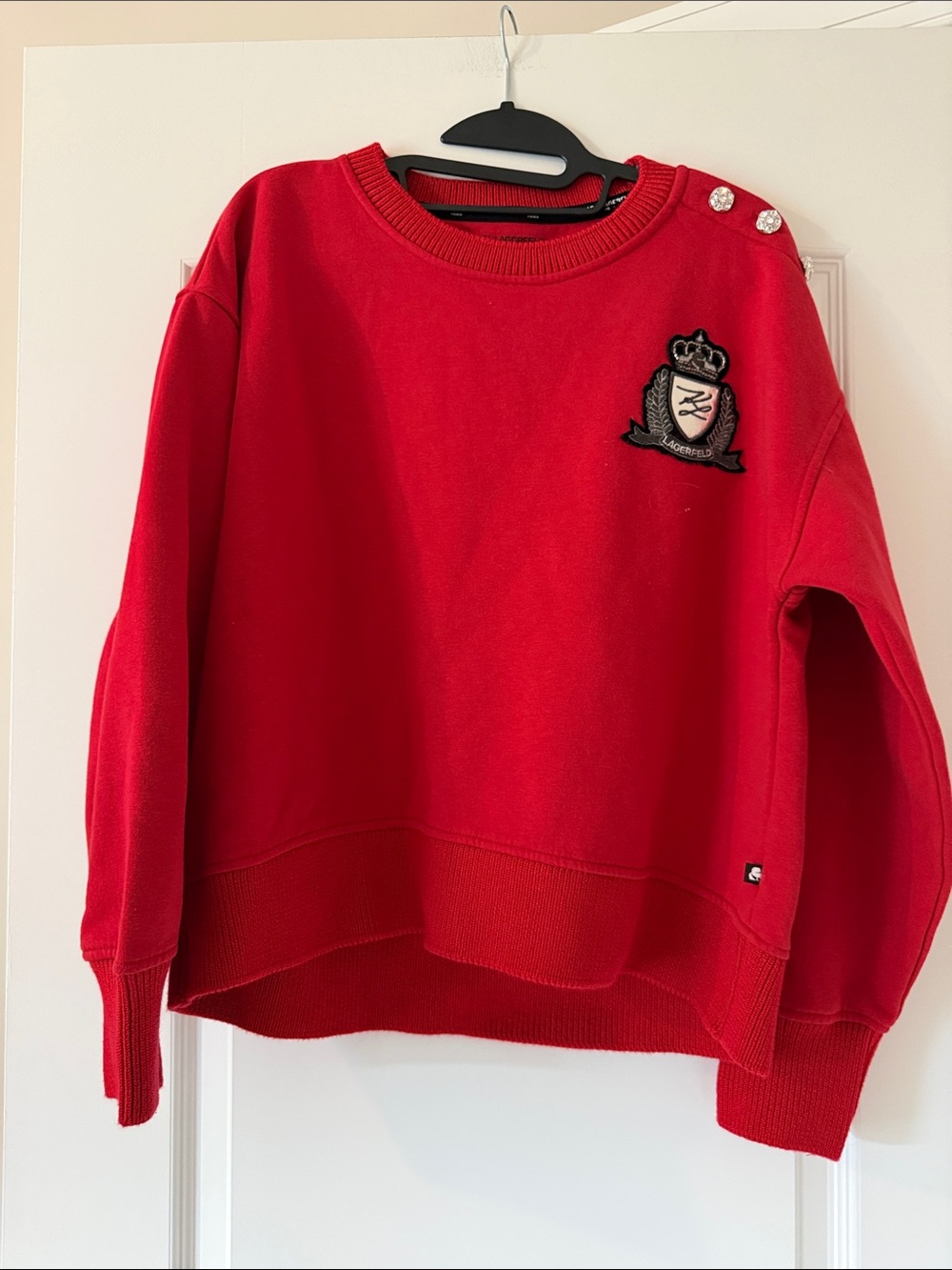 Karl Lagerfeld Red Crewneck Sweatshirt with Crest and Shoulder Buttons